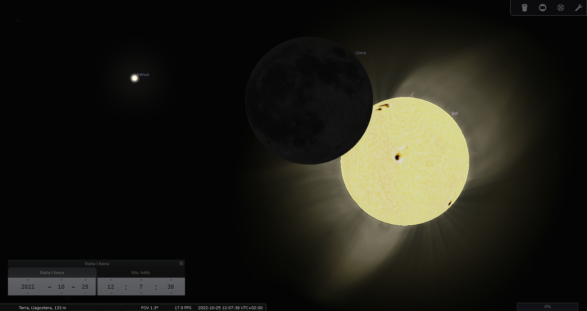 Simulació del moment de màxim enfosquiment del Sol vist des de Llagostera