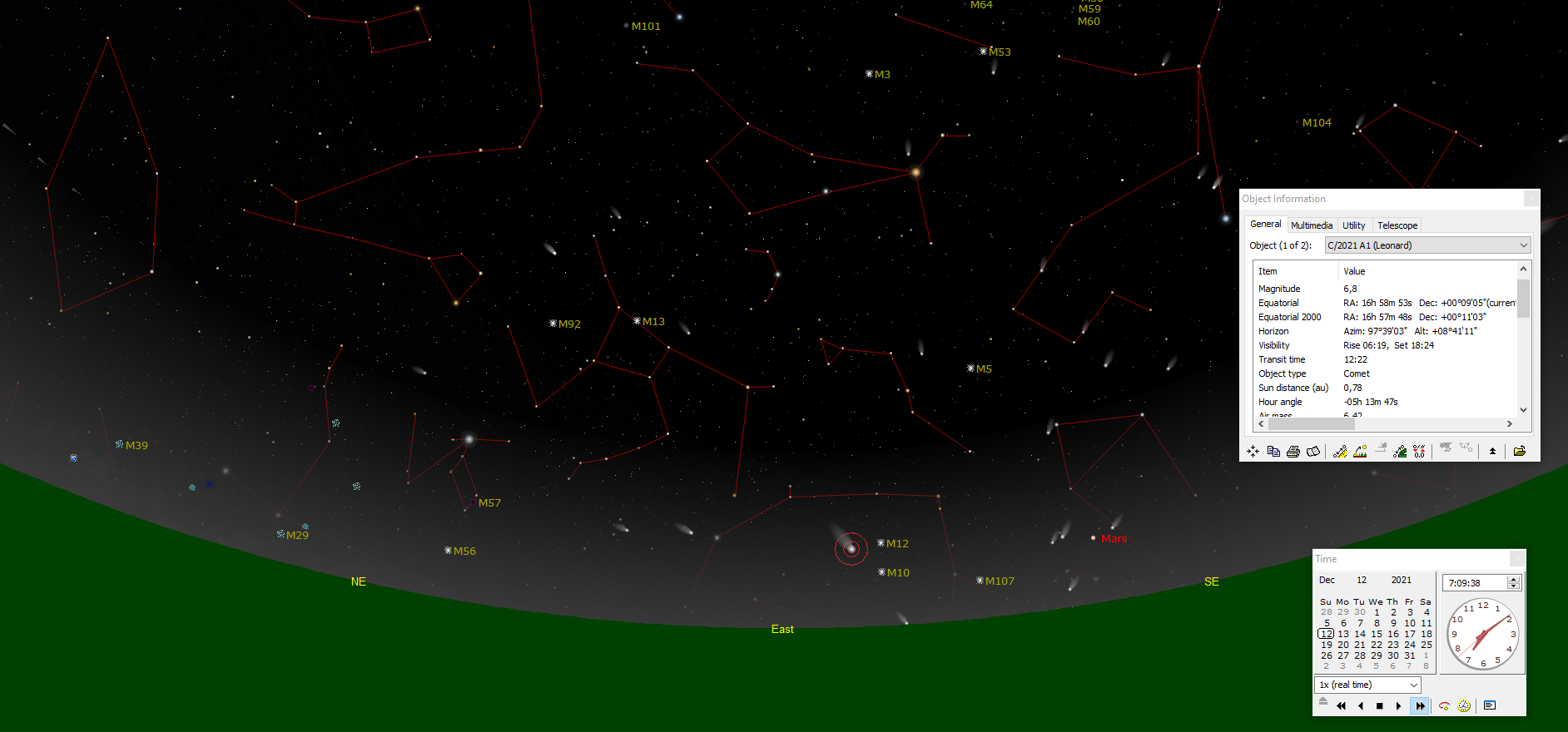 Mapa de situació del cometa C/2021 A1 Leonard el dia 12 de desembre a les 07:09, Rafael Balaguer amb The Sky 6