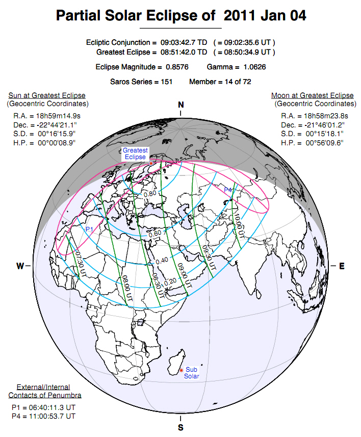 Visibilitat de l'eclipsi parcial de Sol del dia 4 de gener de 2011